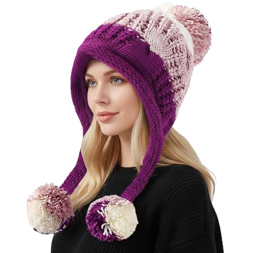 HUAMULAN Women Winter Sherpa Knit Beanie Hat Fleece Lined Ear Flaps - color: Pink Purple