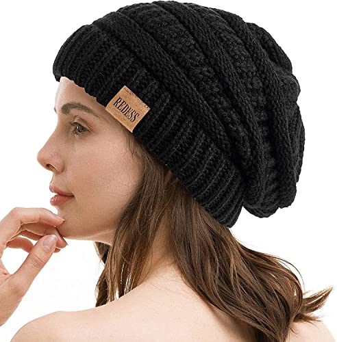 REDESS Slouchy Beanie Hat for Men and Women Winter Warm Knit Hat Chunky Soft Oversized Cable Cap - color: A9 Black