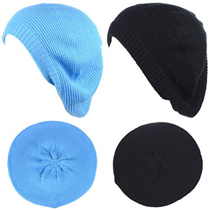 BYOS Chic French Style Lightweight Soft Slouchy Knit Beret Beanie Hat in Solid - color: 2-pack Sky Blue & Black