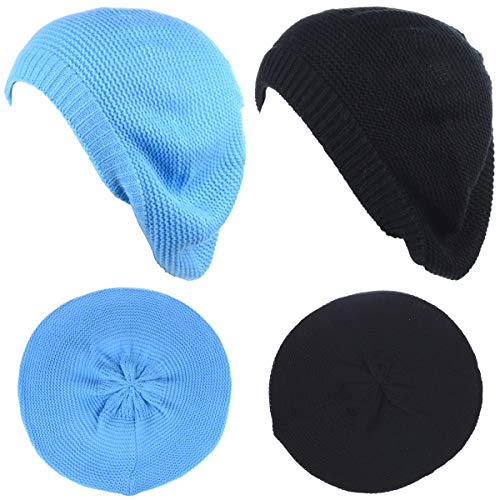 BYOS Chic French Style Lightweight Soft Slouchy Knit Beret Beanie Hat in Solid - color: 2-pack Sky Blue & Black
