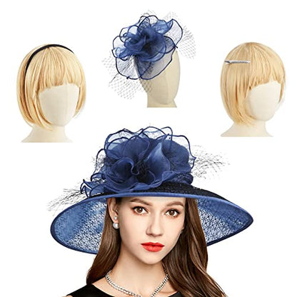 2026 Derby Hats for Women Ladies, Classy Organza Sun Hat, Church Tea Party Wedding Kentucky Fascinator Hat - color: B4215-dark Blue