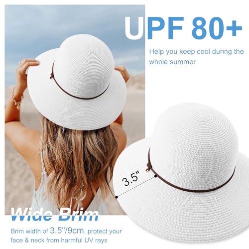 DRESHOW Womens Summer Straw Sun Hat Wide Brim Bucket Hats Fedora Hat Panama Beach Hat with Chin Strap UPF 50+ - color: Straw Hat With Wind Lanyard: White