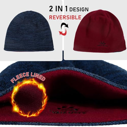 2 Pack Fleece Lined Beanie Hat Reversible Knit Skull Cap for Men Women - color: Blue+khaki