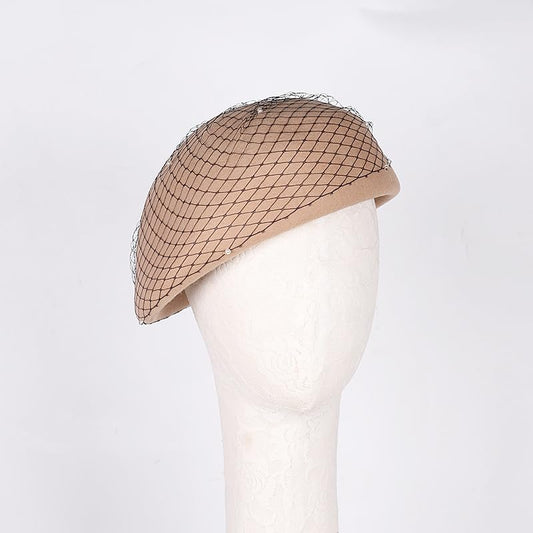 Vintage Wool French Beret Hat with Mesh Veil, Crystal Brooch Accent, Classic Beanie Winter Cap - color: Camel With Mesh Veil