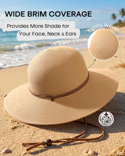 FURTALK Womens Wide Brim Sun Hat with Wind Lanyard UPF Summer Straw Sun Hats for Women - color: Khaki, size: Large-X-Large