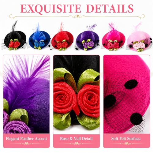 Women's Mini Top Hat Fascinator Hair Clips with Feather
