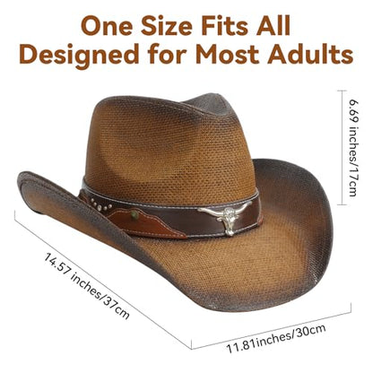 WQWOVRVO Cowboy Hat,Cowgirl Hat,Western Cowboy Hats for Women/Mens/Straw Wide with Shapeable Brim Cowboy Hat for Womens - color: Brown