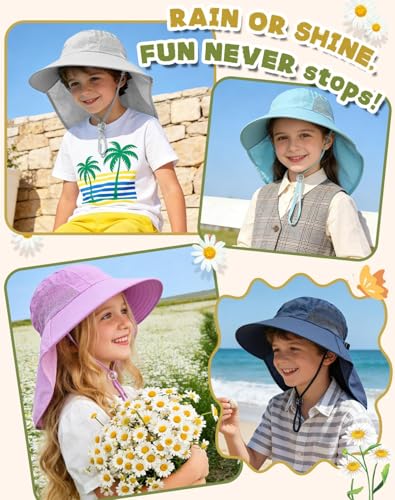 Rosoz Kids Sun Hat with Neck Flap UV Protection Summer Toddler Beach Hat Unisex Ponytail Hat Wide Brim Fishing Hat - color: 1pack-light Cyan Green