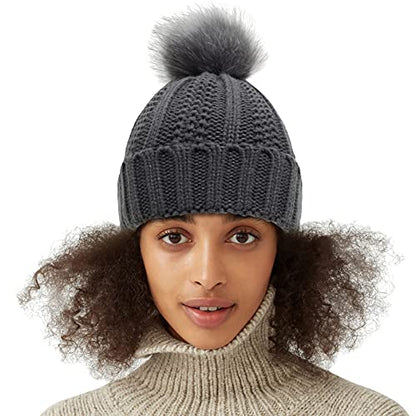 Muryobao Womens Satin Lined Beanie Hat with Faux Fur Pom Cuffed Winter Warm Knit Skull Cap - color: Dark Grey