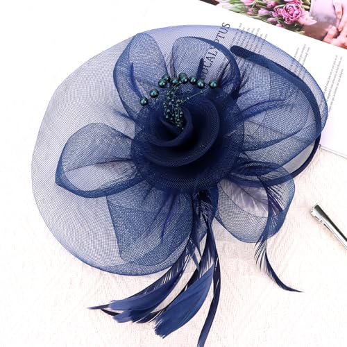 Womens Fascinators Mesh Hats Tea Party Hats for Women Feather Veil Headband - color: Navy Blue