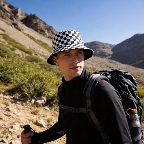 Bucket Hat Funny Duck Fisherman Hat Travel Beach Sun Hat Outdoor Cap for Men Women Adults - color: Black White Race Flag 1