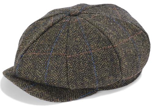Mens Newsboy Cap High Woolen Tweed Gatsby Hat Ivy Cabbie Flat Golf Cap for Fathers Women Unisex - color: Herringbone Plaid Brown, size: 7-7 1/8