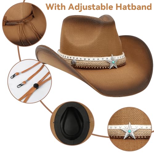 WQWOVRVO Cowboy Hat,Cowgirl Hat,Western Cowboy Hats for Women/Mens/Straw Wide with Shapeable Brim Cowboy Hat for Womens - color: Camel & Coffee Color