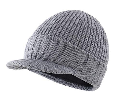 Home Prefer Men's Winter Hat Thick Knit Beanie Cap with Visor Newsboy Beanie Hat - color: Light Gray