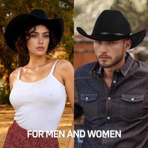 2pcs Western Cowboy Hat for Men Women Black Cowgirl Hat Felt Fedora Country Cow Girl Hats with Belt Buckle Party