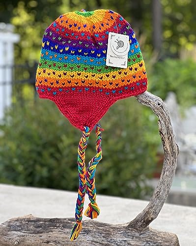Nepal Hand Knit Ear Flaps Beanie Skull Ski 100% Wool Fleeced Hat/Cap - color: Rainbow