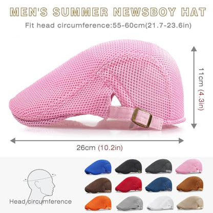 2 Pack Men's Mesh Cap Breathable Summer Newsboy Hat Adjustable Beret Ivy Cap Irish Cabbie Driving Hunting Hats - color: Black/Pink