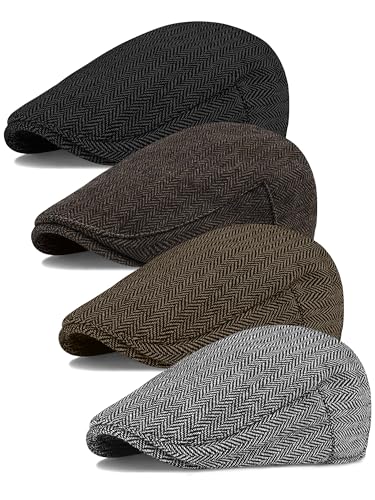 4 Pieces Men's Herringbone Flat Newsboy Hat Classic Newsboy Cap Trendy Flat Cap for Outdoor Daily Use - color: Black+grey, Black+white, Brown, Coffee, size: Medium