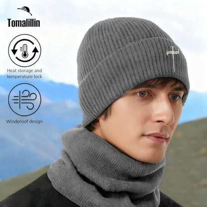 Winter Beanie for Men Women Fleece Lined Beanies Hats Soft Warm Thick Knit Hat - color: Grey