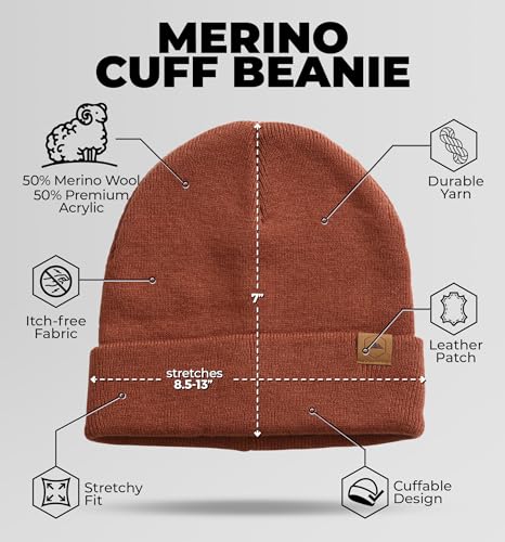 Tough Headwear Merino Wool Beanie - Moisture Wicking Winter Hats for Women - Stretchy Mens Beanie - Breathable Wool Hat - color: Basic - Bronze