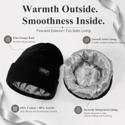 Satin Lined Winter Beanie Hats for Women Men Cotton Knitted Cuffed Knit Hat - color: Black