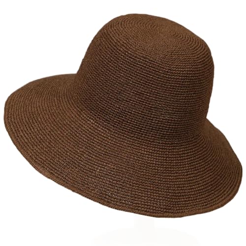 Women Straw Sun Hat Summer Beach Hats Foldable Floppy Cap Wide Brim Bucket Hat Solid Handmade Sun Protection Caps - color: Coffee