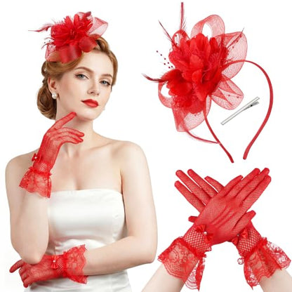 Fascinators Hats with Lace Gloves for Women Headband for Tea Party Wedding - color: Red