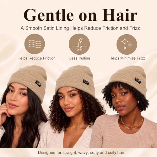 Satin Lined Winter Beanie Hats for Women Men Cotton Knitted Cuffed Knit Hat - color: Khaki