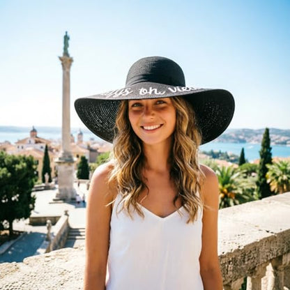 DRESHOW Big Straw Sun Hats for Women Floppy Foldable Roll up Beach Cap Sun Hat UPF 50+ Vacation Honeymoon Embroidered Hat - color: Ae Always on Vacay: Black