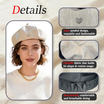 Women's Chenille Beret - Soft & Warm French Hat with Metal Heart Accent for Fall/Winter. - color: Beige