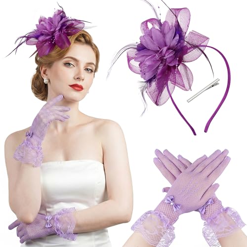 Fascinators Hats with Lace Gloves for Women Headband for Tea Party Wedding - color: Purple