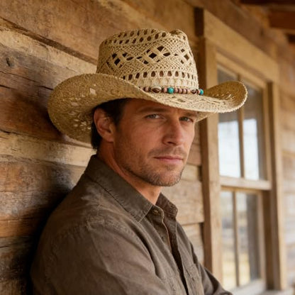 J.CARP Straw Cowboy Hat Cowgirl Hat Cowboy Hats Wide Brim Western Cowboy with Decorative Band - color: Style3