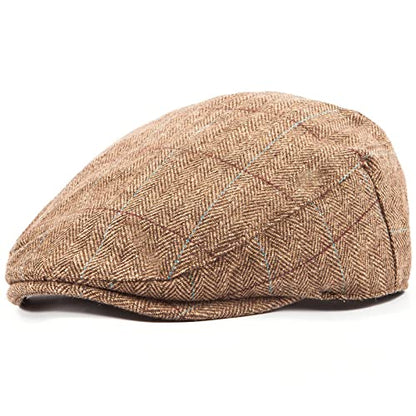 Herringbone Flat Ivy Newsboy Cap for Men 1920s Wool Blend Tweed Cabbie Hat - color: 002 Plaid Brown, size: Small-Medium