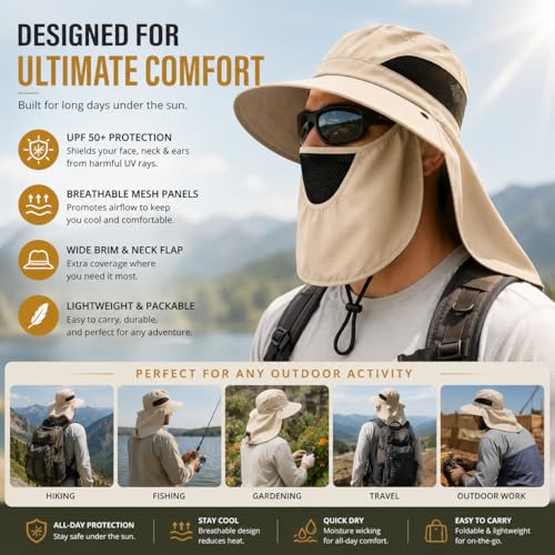 Sun Hat with Neck Flap and Face Cover, Wide Brim Fishing Hat with Mesh Ventilation, UPF 50+ UV Protection - color: Beige