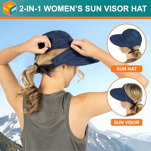 SUN CUBE Womens Sun Hat UV Protection Wide Brim Zip-Off Golf Visor - color: Navy