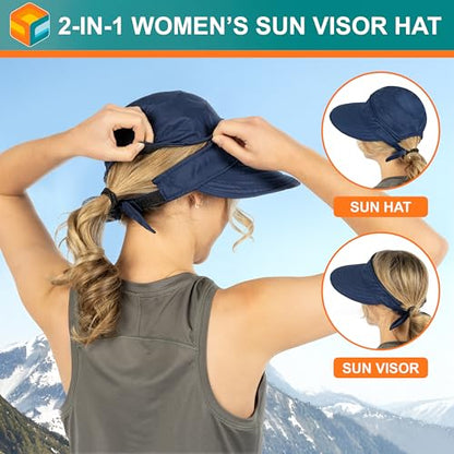SUN CUBE Womens Sun Hat UV Protection Wide Brim Zip-Off Golf Visor - color: Navy