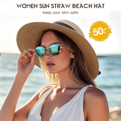 Beach Hat for Women, Wide Brim Sun Straw, UPF 50+ Foldable Floppy Sun Hat - color: A-khaki
