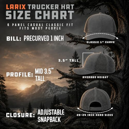 Larix Hats for Men, Trucker Hat Men, Tamarack Mountain, Mesh Snapback - color: Black - Tm