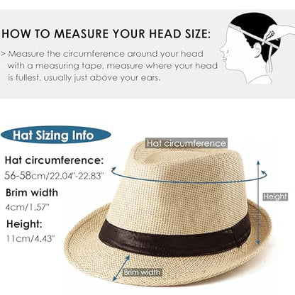 Straw Fedora Hat for Men Panama Hat Short Brim Summer Sun Hat - color: Black Belt-khaki