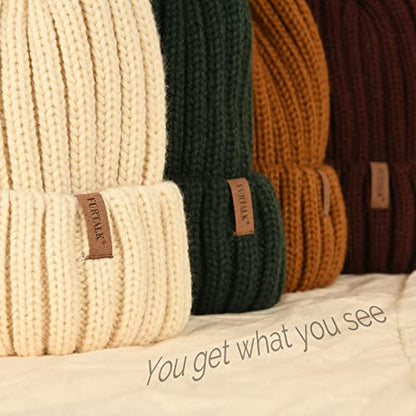FURTALK Womens Winter Knitted Beanie Hat with Faux Fur Pom Warm Knit Skull Cap Beanie for Women - color: Beige With Beige Pom