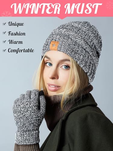JaGely 8 Pieces Women Winter Hats and Gloves Set Women Warm Touchscreen Knitted Lined Gloves Winter Beanies - color: Mixed Khaki, Mixed Black White