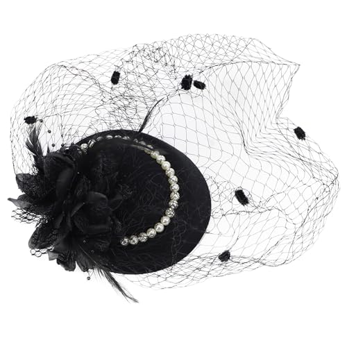 Fascinator Pillbox Hat for Women, Feather Flower Pearls Hair Headwear Veil - color: Black