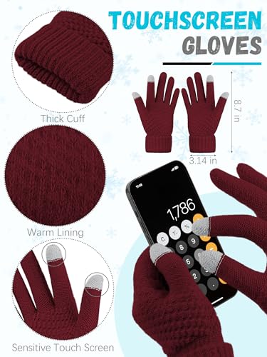 LOROME Winter Beanie Hat Scarf Gloves, Warm Fleece Knit Neck Scarf Set Gift - color: Wine Red