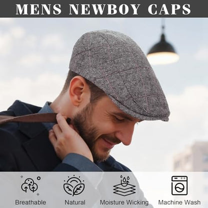 Senker Fashion 2 Pack Newsboy Cap for Men, Wool Blend Tweed Flat Cap - color: Brown Gray