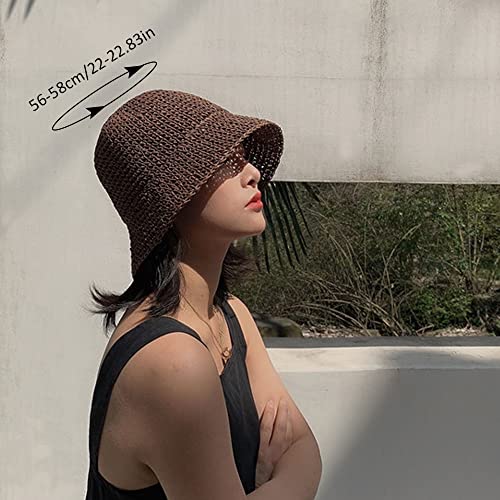 Women Sun Hat Hand-Woven Packable Beach Bucket Hat Summer Floppy UV Protection Hats - color: Coffee