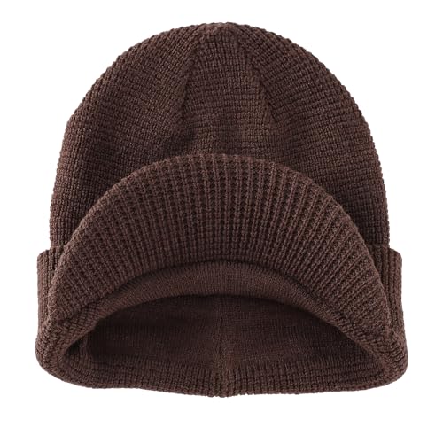 Home Prefer Mens Wool Blend Winter Hat Double-Layer Warm Knit Pre-Curve Visor Beanie Brimmed Beanies Hat for Men Women - color: Coffee