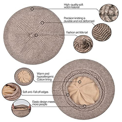 FENELY Beret Hat for Women, French Style Beanie Winter Fashion Warm Thickened Lining Knit Cap - color: Khaki