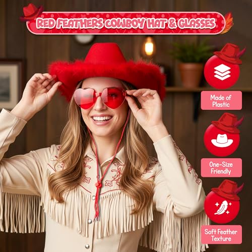 4E's Novelty Cowboy Hat with feathers With Heart Shaped Sunglasses for Women, Felt Cowgirl Hat for Party Costume Dress Up - color: Red