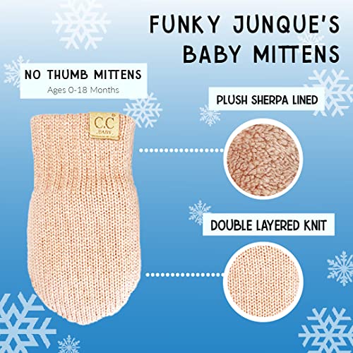 Funky Junque Baby Double Faux Fur Pom Pom Beanie & Mittens Set – Newborn Infant 0–9 Months Winter Hat with Soft Lined Mittens - color: Indi Pink (0-9 Months)