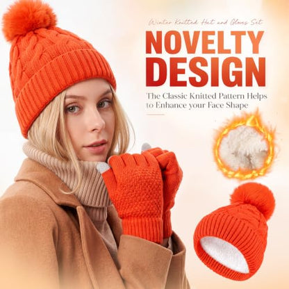 Womens Winter Fleece Lined Knitted Beanie Hat Glove Set, Warm Pom Pom Beanie Knit Cap Touchscreen Gloves for Women - color: Orange
